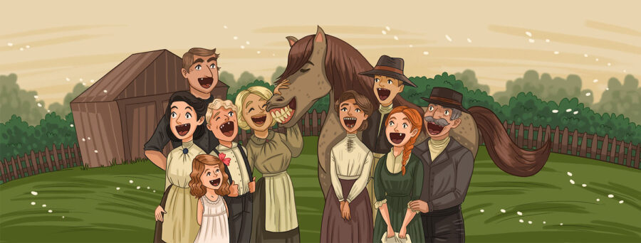 Drawing of a family on a farm with lots of missing teeth