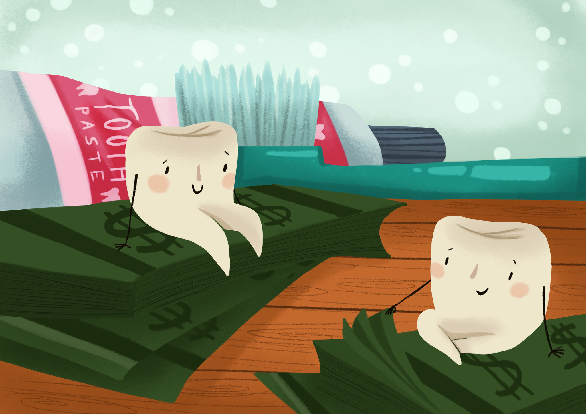 dental benefits, graphic illustration of two teeth sitting on money
